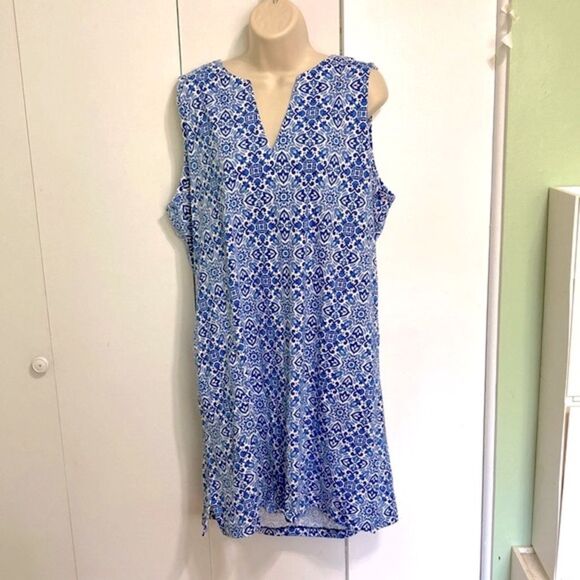 LANDS END Floral Geometric Sleeveless Casual Summer Dress Blue White Medium - Picture 8 of 12